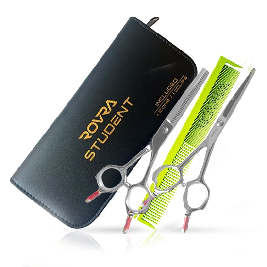 Set foarfece - ROVRA - Student series - 5.5 inch cu pieptene Verde si clipsuri 